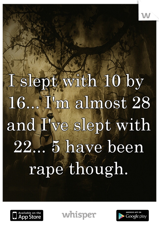 I slept with 10 by 16... I'm almost 28 and I've slept with 22... 5 have been rape though.