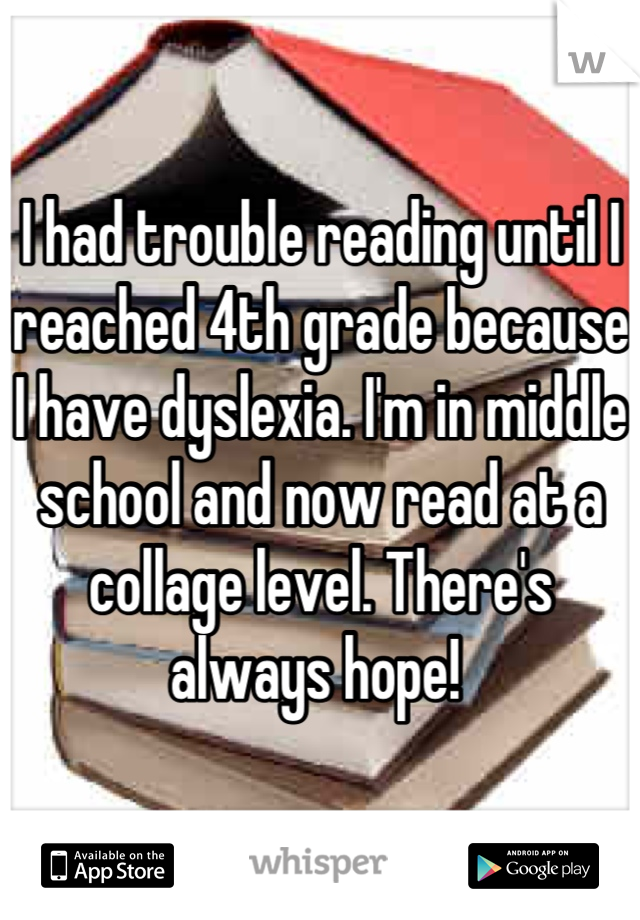 I had trouble reading until I reached 4th grade because I have dyslexia. I'm in middle school and now read at a collage level. There's always hope! 