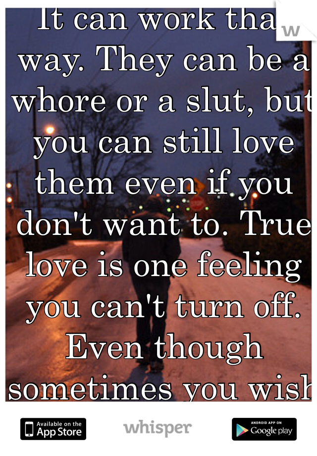 It can work that way. They can be a whore or a slut, but you can still love them even if you don't want to. True love is one feeling you can't turn off. Even though sometimes you wish you could....