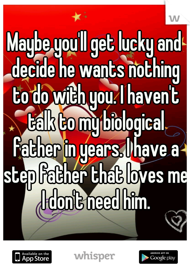 Maybe you'll get lucky and decide he wants nothing to do with you. I haven't talk to my biological father in years. I have a step father that loves me I don't need him.