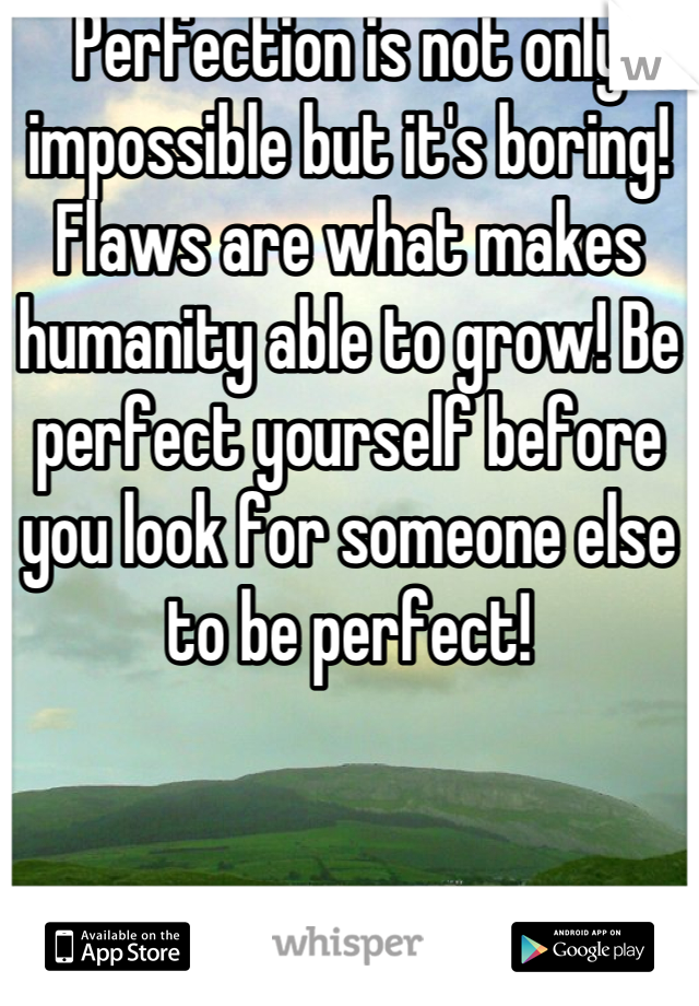 Perfection is not only impossible but it's boring! Flaws are what makes humanity able to grow! Be perfect yourself before you look for someone else to be perfect!