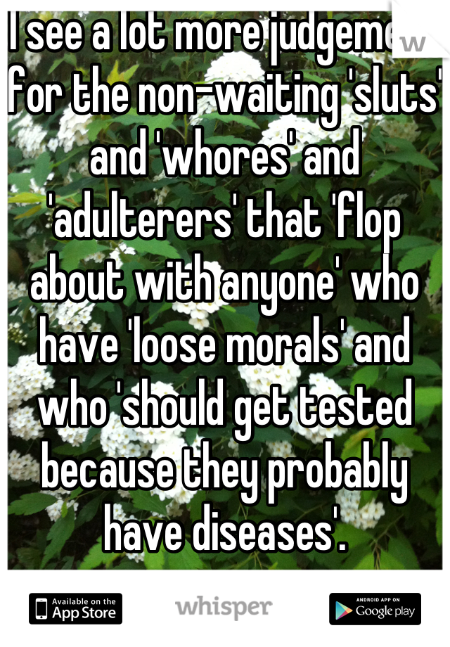 I see a lot more judgement for the non-waiting 'sluts' and 'whores' and 'adulterers' that 'flop about with anyone' who have 'loose morals' and who 'should get tested because they probably have diseases'.