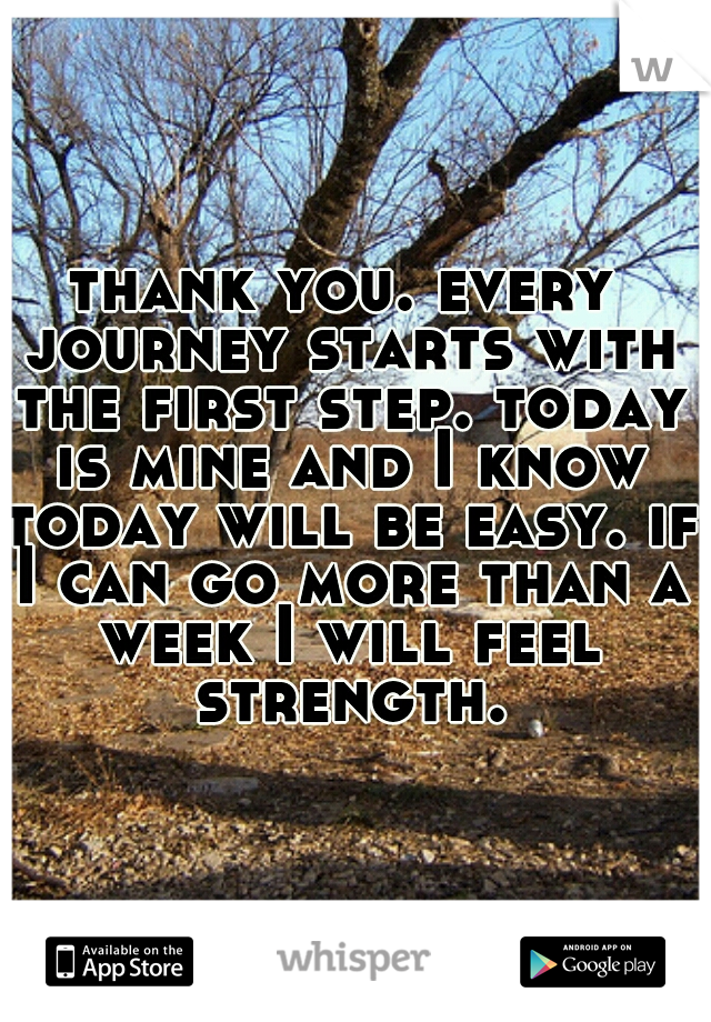 thank you. every journey starts with the first step. today is mine and I know today will be easy. if I can go more than a week I will feel strength.