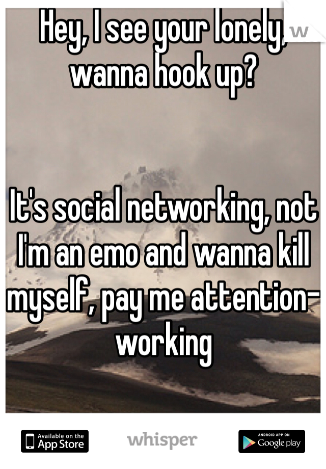 Hey, I see your lonely, wanna hook up? 


It's social networking, not I'm an emo and wanna kill myself, pay me attention-working