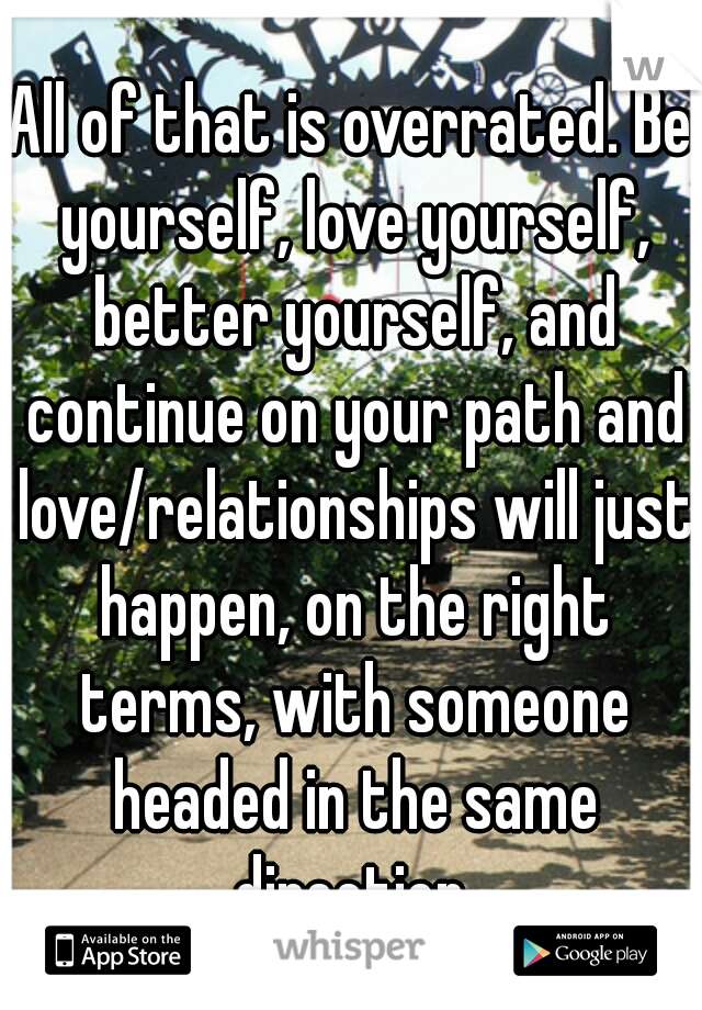 All of that is overrated. Be yourself, love yourself, better yourself, and continue on your path and love/relationships will just happen, on the right terms, with someone headed in the same direction.