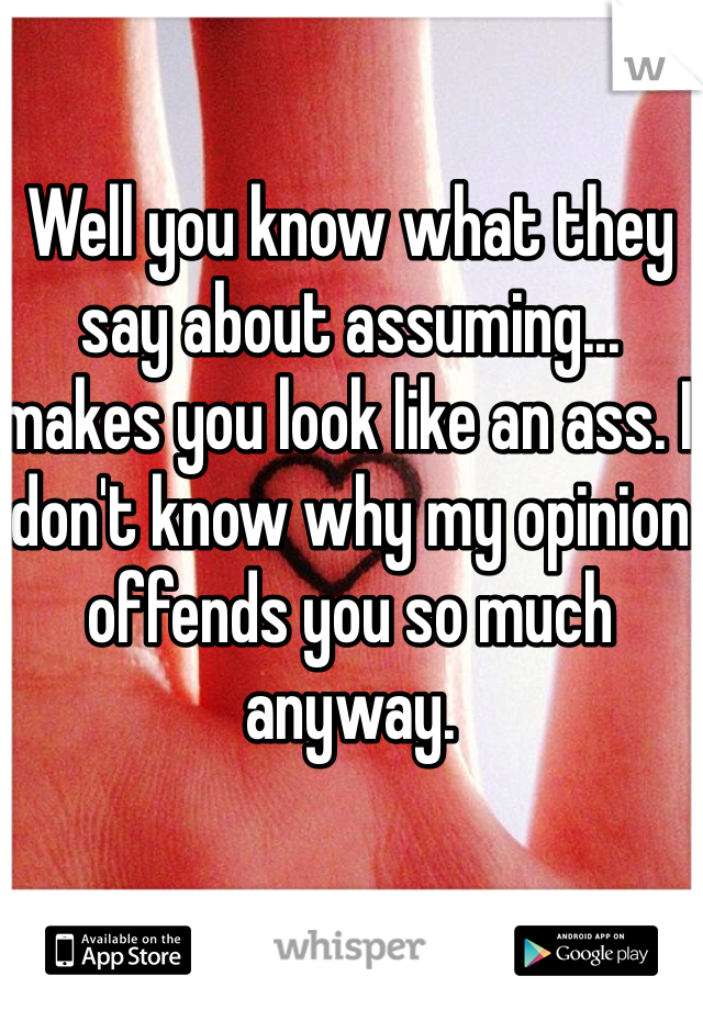 Well you know what they say about assuming... makes you look like an ass. I don't know why my opinion offends you so much anyway. 