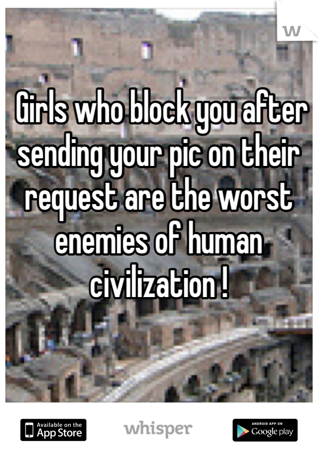 

 Girls who block you after sending your pic on their request are the worst enemies of human civilization !