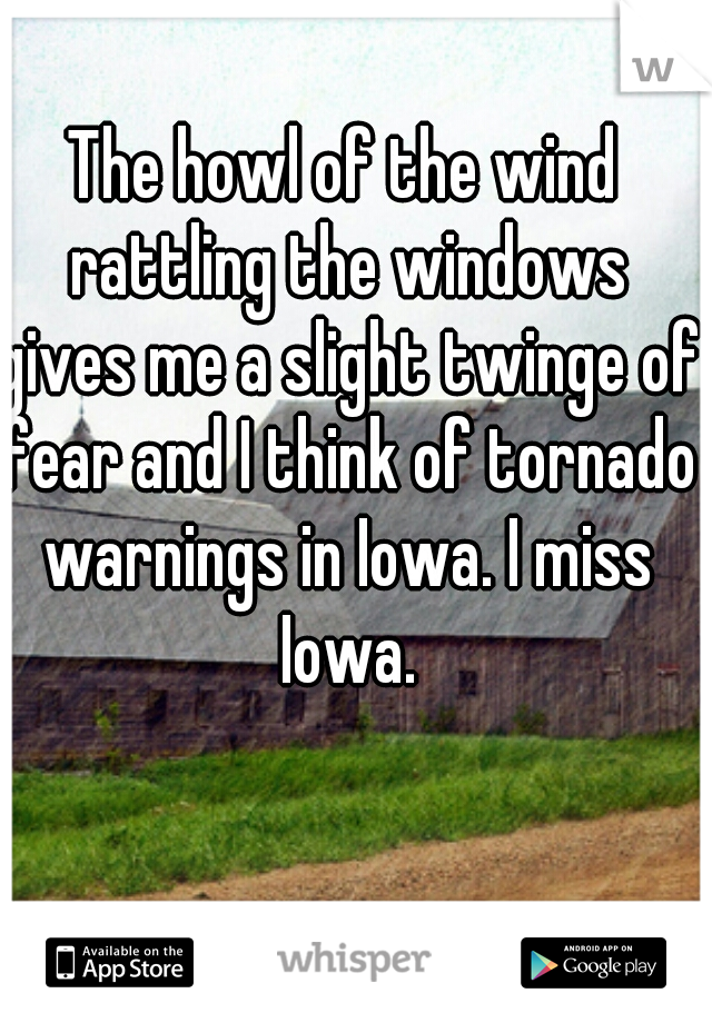 The howl of the wind rattling the windows gives me a slight twinge of fear and I think of tornado warnings in Iowa. I miss Iowa.