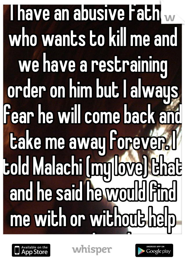 I have an abusive father who wants to kill me and we have a restraining order on him but I always fear he will come back and take me away forever. I told Malachi (my love) that and he said he would find me with or without help no matter what the cost. He wouldn't lose me because he loves me with all his heart, soul, mind, and body. More than I will ever know. He. Is. Perfect. 