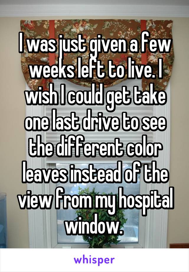 I was just given a few weeks left to live. I wish I could get take one last drive to see the different color leaves instead of the view from my hospital window. 
