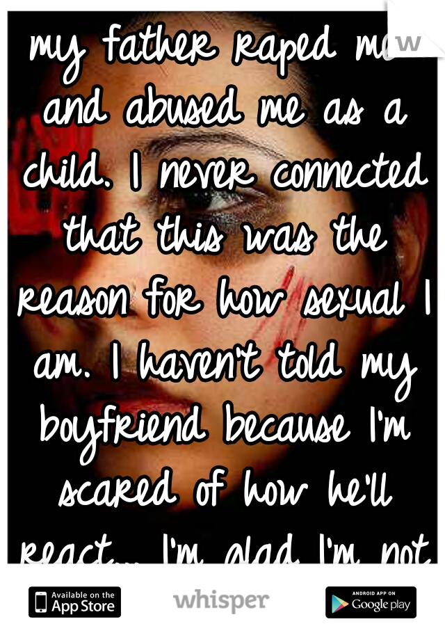 my father raped me and abused me as a child. I never connected that this was the reason for how sexual I am. I haven't told my boyfriend because I'm scared of how he'll react... I'm glad I'm not alone