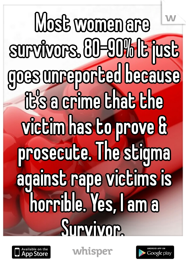 Most women are survivors. 80-90% It just goes unreported because it's a crime that the victim has to prove & prosecute. The stigma against rape victims is horrible. Yes, I am a Survivor. 