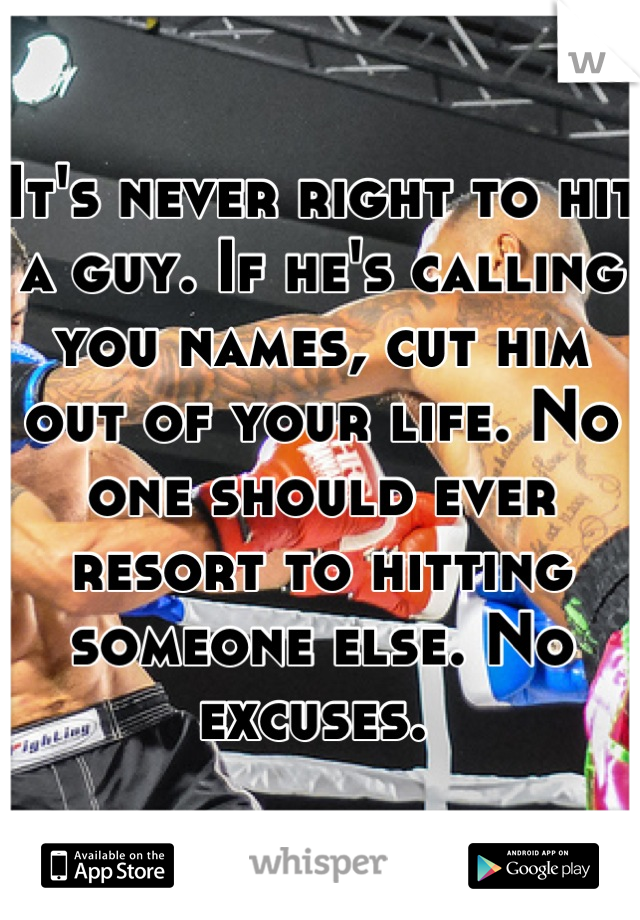 It's never right to hit a guy. If he's calling you names, cut him out of your life. No one should ever resort to hitting someone else. No excuses. 