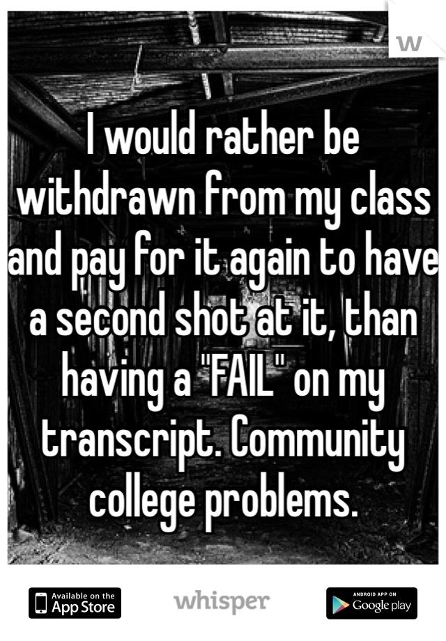 I would rather be withdrawn from my class and pay for it again to have a second shot at it, than having a "FAIL" on my transcript. Community college problems.