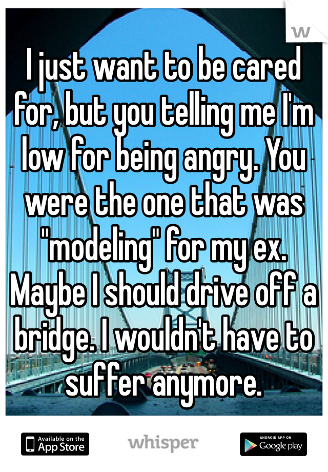 I just want to be cared for, but you telling me I'm low for being angry. You were the one that was "modeling" for my ex. Maybe I should drive off a bridge. I wouldn't have to suffer anymore.