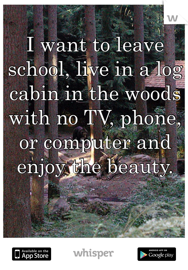 I want to leave school, live in a log cabin in the woods with no TV, phone, or computer and enjoy the beauty. 