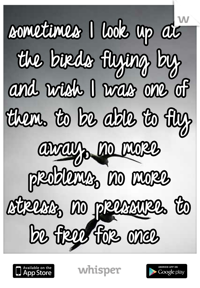sometimes I look up at the birds flying by and wish I was one of them. to be able to fly away, no more problems, no more stress, no pressure. to be free for once 