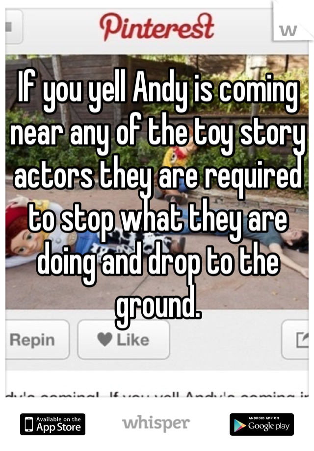 If you yell Andy is coming near any of the toy story actors they are required to stop what they are doing and drop to the ground. 