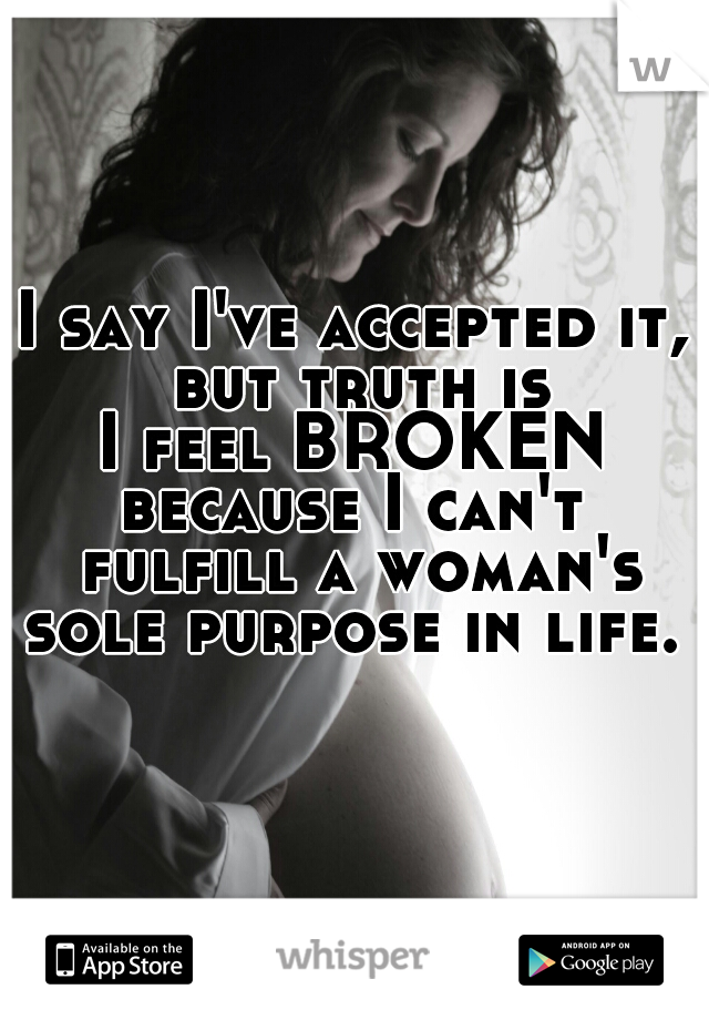 I say I've accepted it, but truth is
I feel BROKEN
because I can't fulfill a woman's sole purpose in life. 