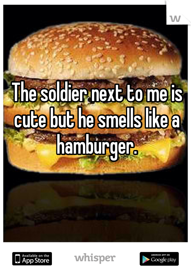 The soldier next to me is cute but he smells like a hamburger. 