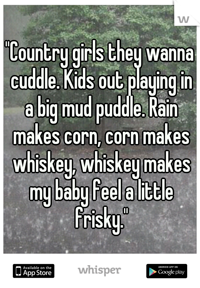 "Country girls they wanna cuddle. Kids out playing in a big mud puddle. Rain makes corn, corn makes whiskey, whiskey makes my baby feel a little frisky."