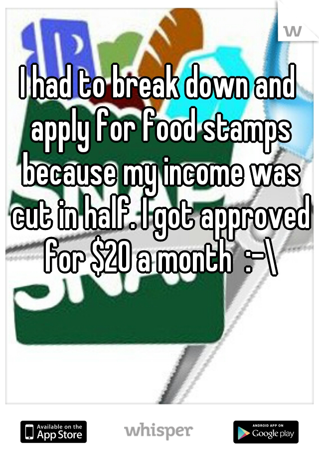 I had to break down and apply for food stamps because my income was cut in half. I got approved for $20 a month  :-\