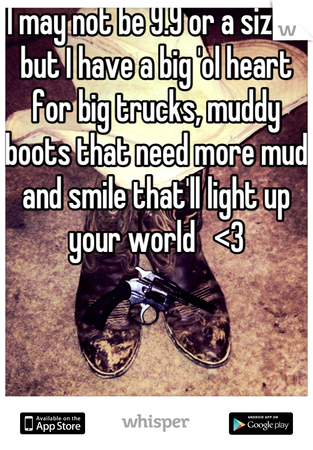 I may not be 9.9 or a size 2 but I have a big 'ol heart for big trucks, muddy boots that need more mud and smile that'll light up your world   <3