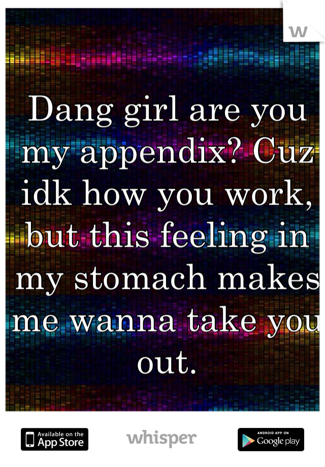 Dang girl are you my appendix? Cuz idk how you work, but this feeling in my stomach makes me wanna take you out. 
