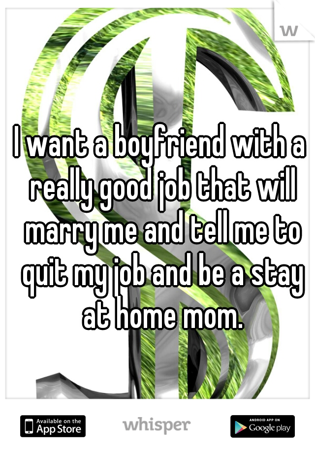 I want a boyfriend with a really good job that will marry me and tell me to quit my job and be a stay at home mom.