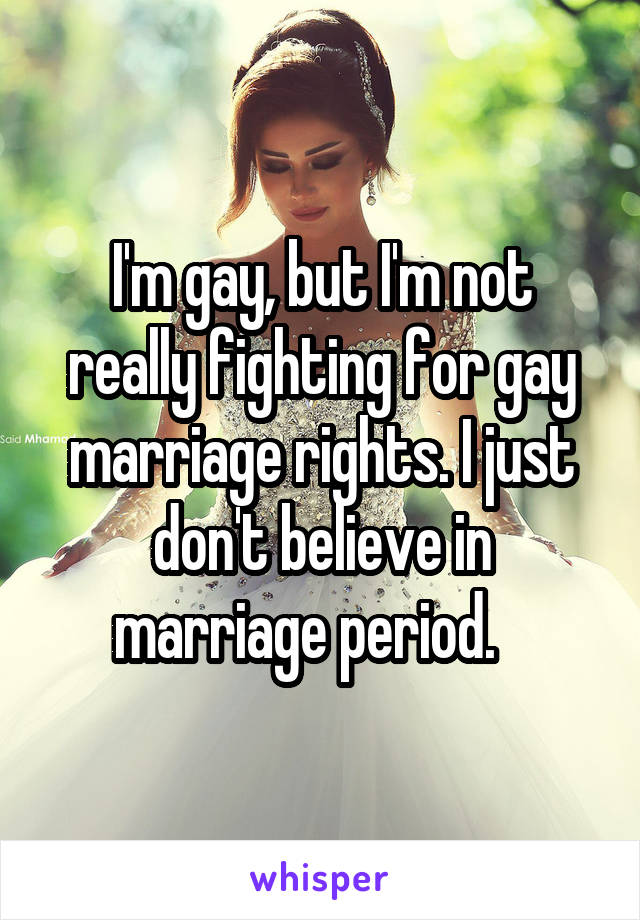 I'm gay, but I'm not really fighting for gay marriage rights. I just don't believe in marriage period.   