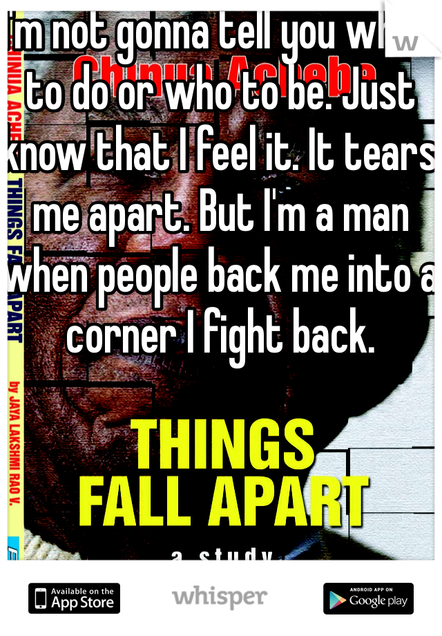 I'm not gonna tell you what to do or who to be. Just know that I feel it. It tears me apart. But I'm a man when people back me into a corner I fight back.