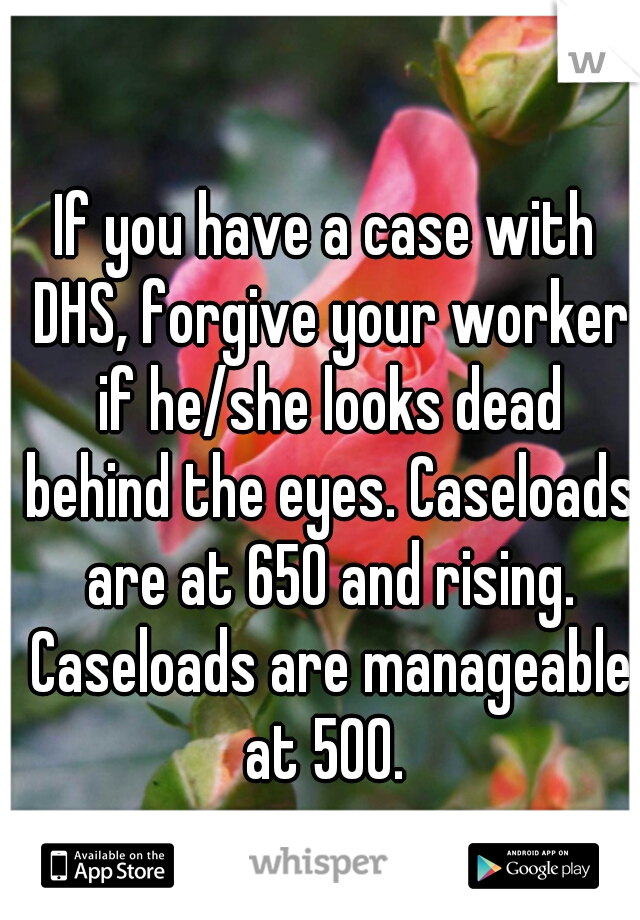 If you have a case with DHS, forgive your worker if he/she looks dead behind the eyes. Caseloads are at 650 and rising. Caseloads are manageable at 500. 