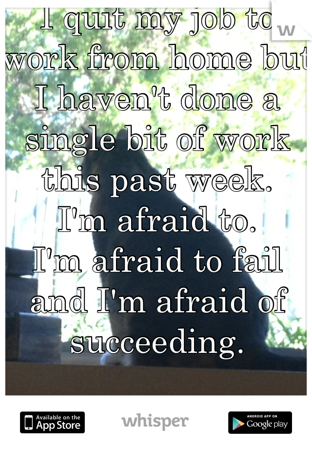 I quit my job to work from home but I haven't done a single bit of work this past week. 
I'm afraid to. 
I'm afraid to fail and I'm afraid of succeeding. 

It's so messed up. 