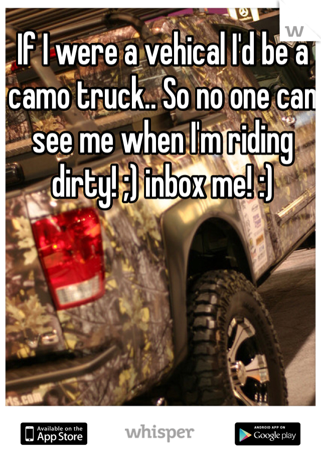 If I were a vehical I'd be a camo truck.. So no one can see me when I'm riding dirty! ;) inbox me! :)