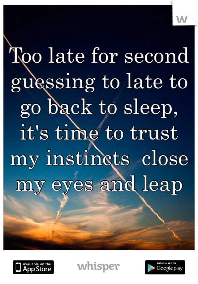 Too late for second guessing to late to go back to sleep, it's time to trust my instincts  close my eyes and leap