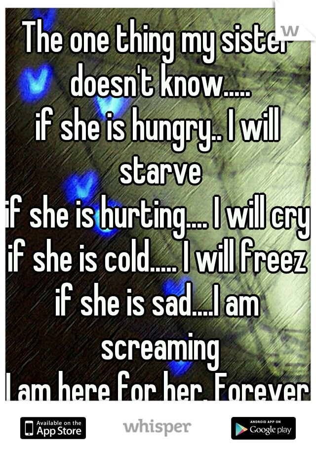 The one thing my sister doesn't know.....
if she is hungry.. I will starve
if she is hurting.... I will cry
if she is cold..... I will freeze
if she is sad....I am screaming
I am here for her. Forever