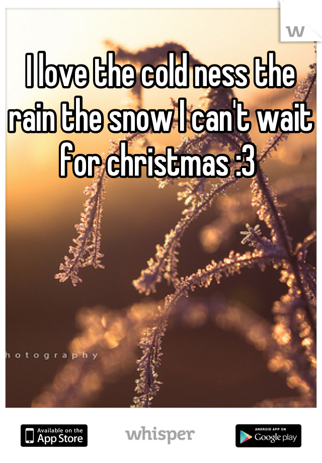 I love the cold ness the rain the snow I can't wait for christmas :3 