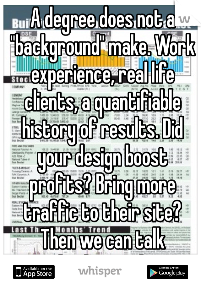 A degree does not a "background" make. Work experience, real life clients, a quantifiable history of results. Did your design boost profits? Bring more traffic to their site? Then we can talk "background."