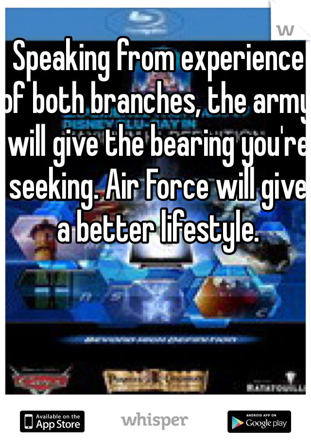 Speaking from experience of both branches, the army will give the bearing you're seeking. Air Force will give a better lifestyle. 
