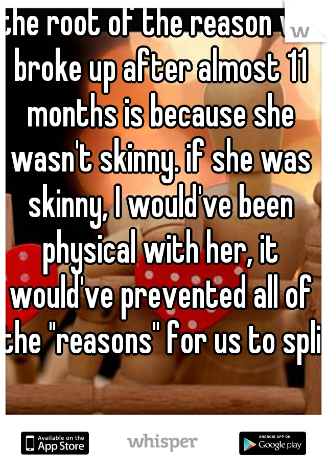 the root of the reason we broke up after almost 11 months is because she wasn't skinny. if she was skinny, I would've been physical with her, it would've prevented all of the "reasons" for us to split