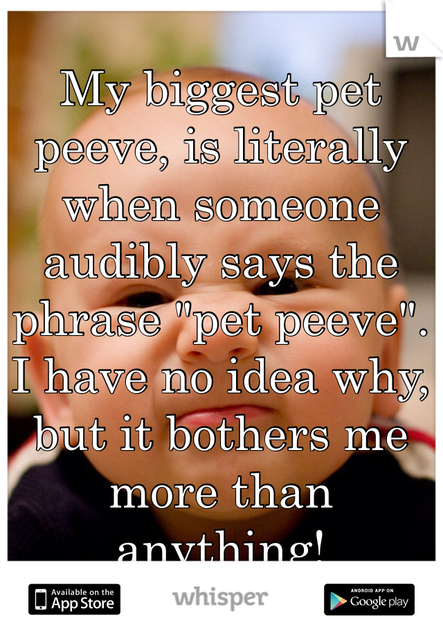 My biggest pet peeve, is literally when someone audibly says the phrase "pet peeve". I have no idea why, but it bothers me more than anything!