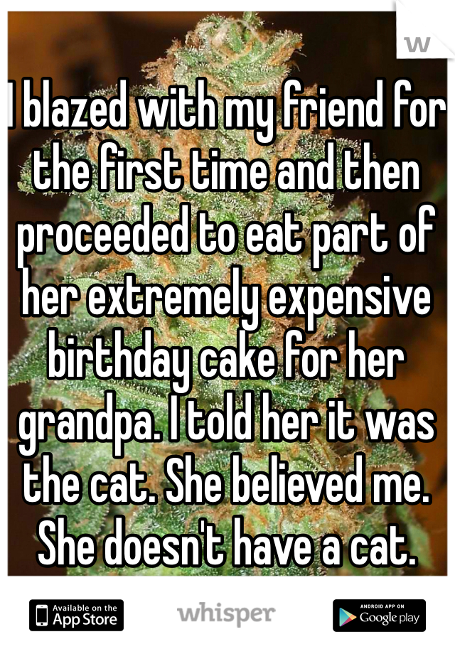 I blazed with my friend for the first time and then proceeded to eat part of her extremely expensive birthday cake for her grandpa. I told her it was the cat. She believed me. She doesn't have a cat. 