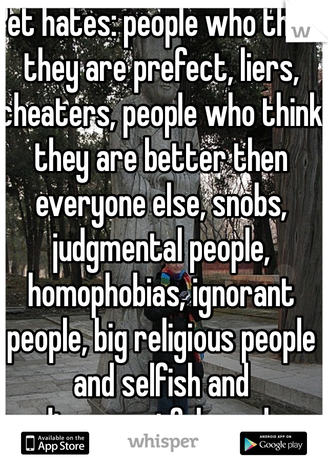 Pet hates: people who think they are prefect, liers, cheaters, people who think they are better then everyone else, snobs, judgmental people, homophobias, ignorant people, big religious people and selfish and disrespectful people 
