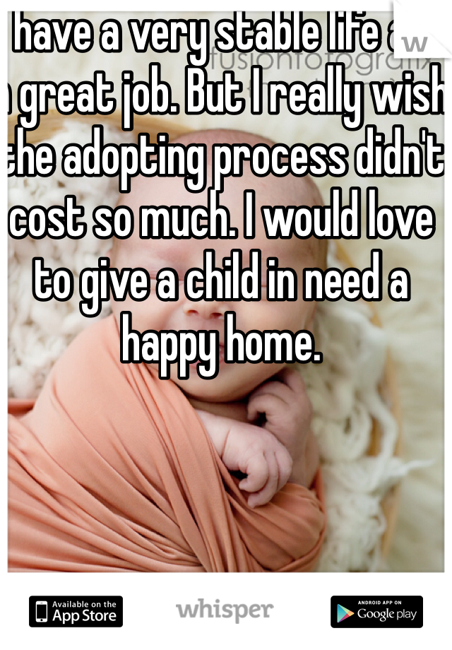 I have a very stable life and a great job. But I really wish the adopting process didn't cost so much. I would love to give a child in need a happy home.