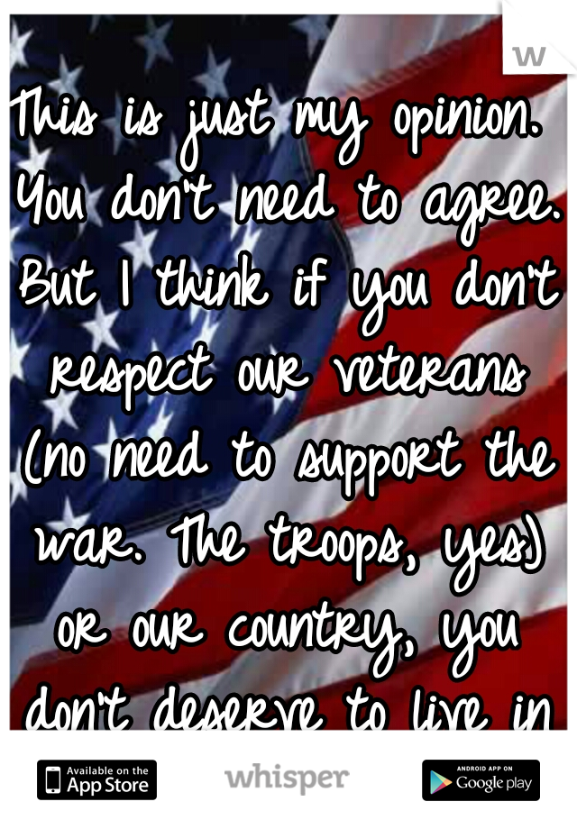 This is just my opinion. You don't need to agree. But I think if you don't respect our veterans (no need to support the war. The troops, yes) or our country, you don't deserve to live in the US. 