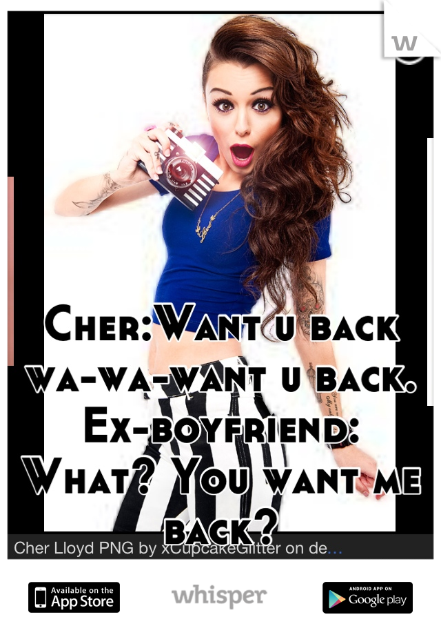 Cher:Want u back wa-wa-want u back. Ex-boyfriend:  What? You want me back?