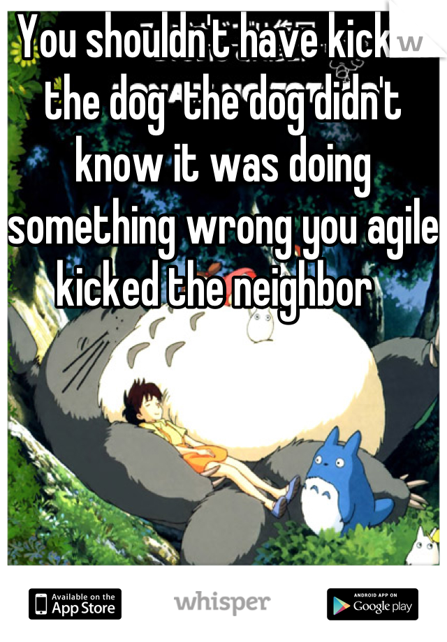You shouldn't have kicked the dog  the dog didn't know it was doing something wrong you agile kicked the neighbor  