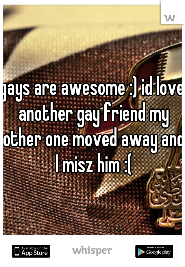 gays are awesome :) id love another gay friend my other one moved away and I misz him :(