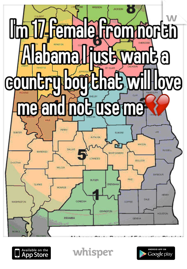 I'm 17 female from north
 Alabama I just want a country boy that will love me and not use me💔