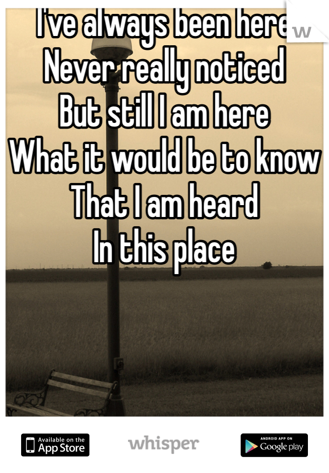 I've always been here
Never really noticed
But still I am here
What it would be to know 
That I am heard 
In this place 
